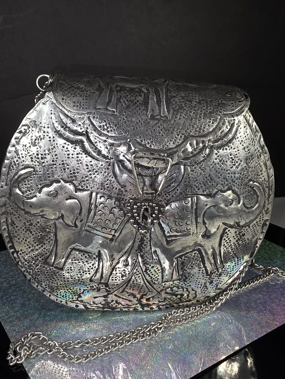 Ethnic Silver Women Gift Silver Etched Metal Elephant Bag Bridal Party Purse